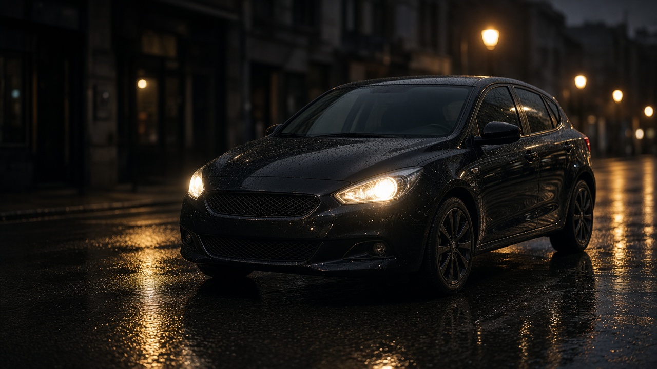 Gece ışığında park halindeki koyu renk hatchback